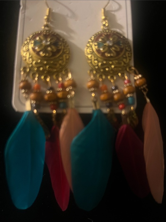 Jewelry - Gold-Tone Boho Feather Drop Earrings with Teal, Pink and Burgundy Feathers